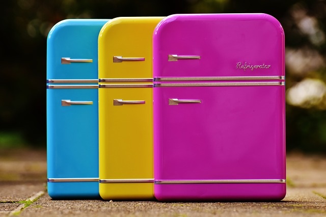 Refrigerators in blue pink and yellow